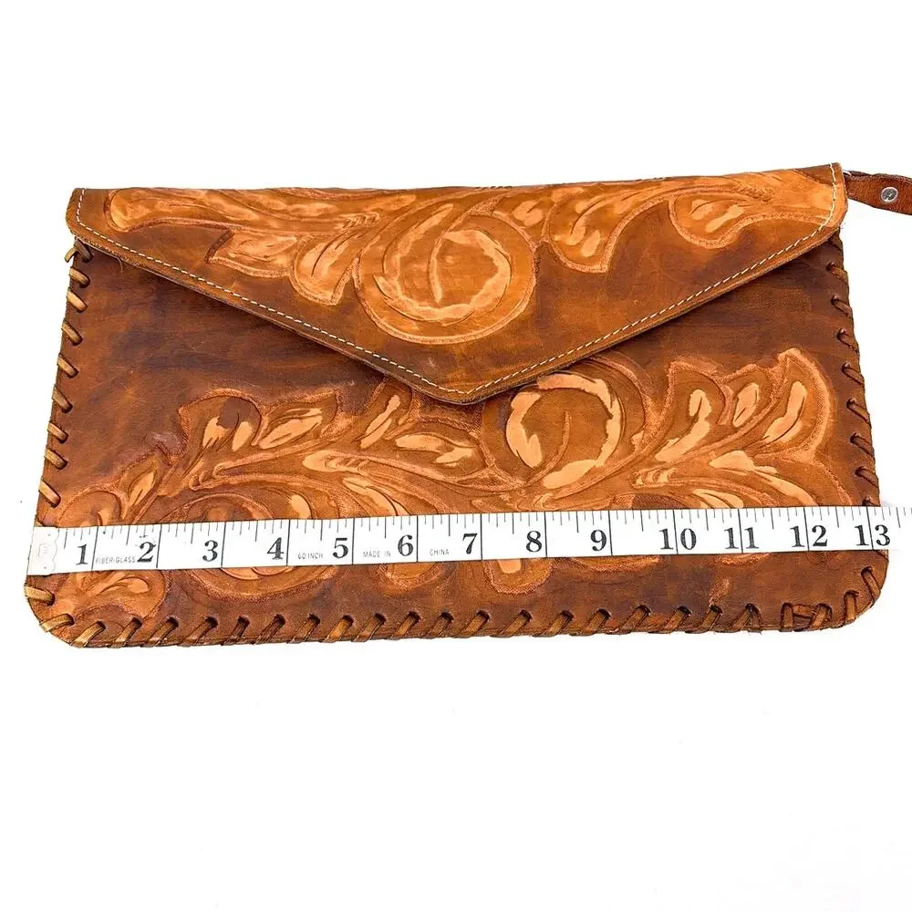 VTG Hand Tooled Floral Designs Leather Envelope Clutch Handbag